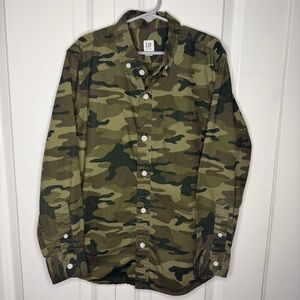 Gap Kids Size Large 10 Green Camouflage Button Up Woven Shirt 100% Cotton Boys
